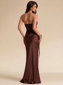 SHEIN BAE 夏季女款黃色細肩帶刺繡紋理拼接緞面魚尾裙擺精緻優雅洋裝，黃色洋裝，優雅洋裝，度假洋裝，婚禮伴娘雞尾酒洋裝，生日雞尾酒洋裝，返校畢業洋裝 - 咖啡棕 - 查看 2