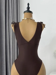 Bonvoyette 1pc Women's Drawstring Backless Deep V-Neck Wireless One-Piece Swimsuit - Coffee Brown - View 10