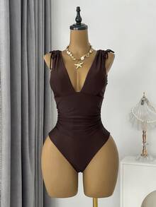 Bonvoyette 1pc Women's Drawstring Backless Deep V-Neck Wireless One-Piece Swimsuit - Coffee Brown - View 2