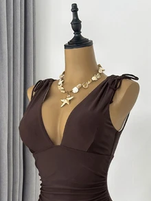 Bonvoyette 1pc Women's Drawstring Backless Deep V-Neck Wireless One-Piece Swimsuit - Coffee Brown - View 4