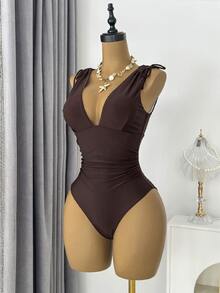 Bonvoyette 1pc Women's Drawstring Backless Deep V-Neck Wireless One-Piece Swimsuit - Coffee Brown - View 5