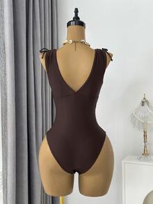 Bonvoyette 1pc Women's Drawstring Backless Deep V-Neck Wireless One-Piece Swimsuit - Coffee Brown - View 3