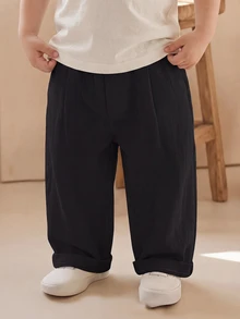 SHEIN 男嬰可愛休閒百搭白色鬆緊腰長褲 正式西裝長褲 適合生日派對、晚宴、表演、婚禮、滿月、洗禮、周歲慶祝及嬰兒派對 - 黑色 - 查看 1