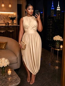 SOLERSUN Plus Size Women's Solid Color Round Neck Pleated Waist Cinched Sleeveless Elegant Dress Cocktail Formal Beige Summer - Khaki - View 1