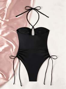 Bonvoyette Glossy Black Drawstring Halter Knotted Hollow Ring Decor Backless One-Piece Swimsuit For Women Holiday Beach Holiday Summer - Black - View 2