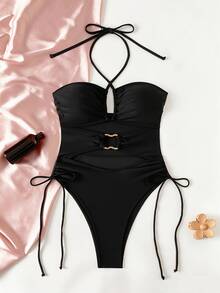 Bonvoyette Glossy Black Drawstring Halter Knotted Hollow Ring Decor Backless One-Piece Swimsuit For Women Holiday Beach Holiday Summer - Black - View 4