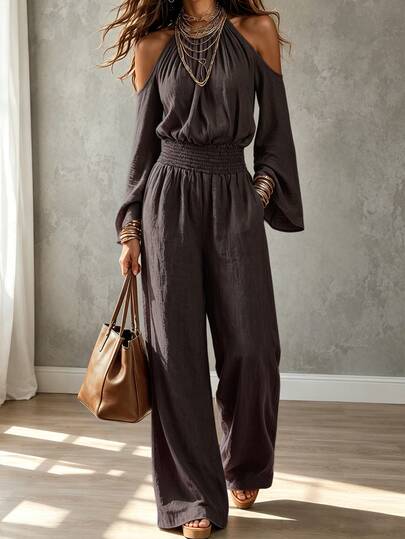 Louniche Women's Solid Color Off-Shoulder Flare Sleeve Cinched Waist Casual Commute Daily Jumpsuit