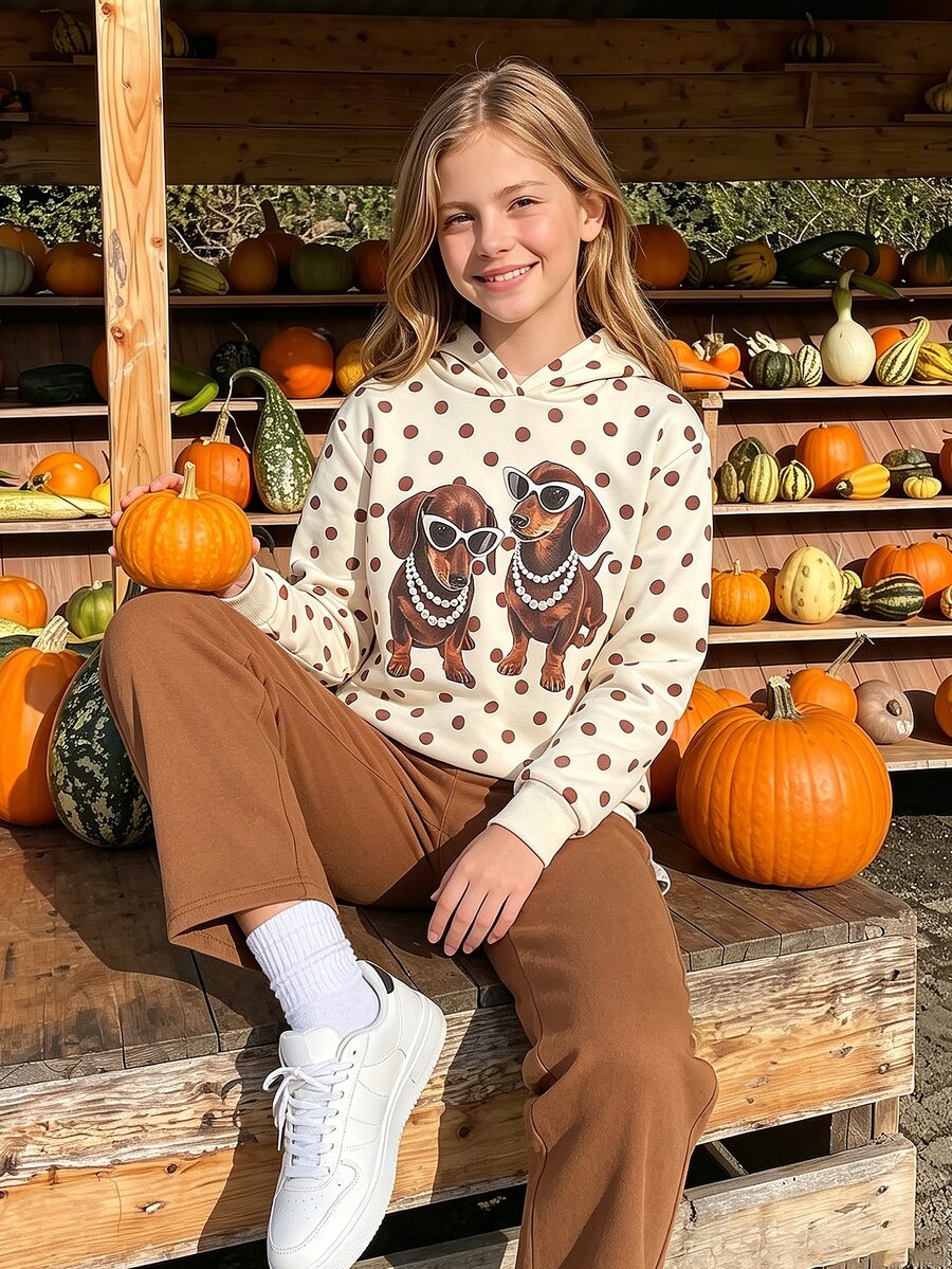 SHEIN Elladie kids 青少年女孩 T-shirt 套裝,棕色,短袖上衣 + 長褲 2 件套,寬鬆版型,日常穿著,時尚百搭,休閒,領口,圓領,印花,拉鍊,舒適,秋季,可愛 - 杏色 - 查看 1