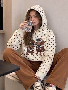 SHEIN Elladie kids 青少年女孩 T-shirt 套裝，棕色，短袖上衣 + 長褲 2 件套，寬鬆版型，日常穿著，時尚百搭，休閒，領口，圓領，印花，拉鍊，舒適，秋季，可愛 - 杏色 - 查看 4