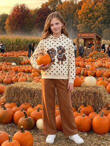 SHEIN Elladie kids 青少年女孩 T-shirt 套裝，棕色，短袖上衣 + 長褲 2 件套，寬鬆版型，日常穿著，時尚百搭，休閒，領口，圓領，印花，拉鍊，舒適，秋季，可愛 - 杏色 - 查看 8