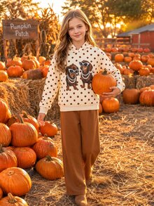 SHEIN Elladie kids 青少年女孩 T-shirt 套裝，棕色，短袖上衣 + 長褲 2 件套，寬鬆版型，日常穿著，時尚百搭，休閒，領口，圓領，印花，拉鍊，舒適，秋季，可愛 - 杏色 - 查看 7