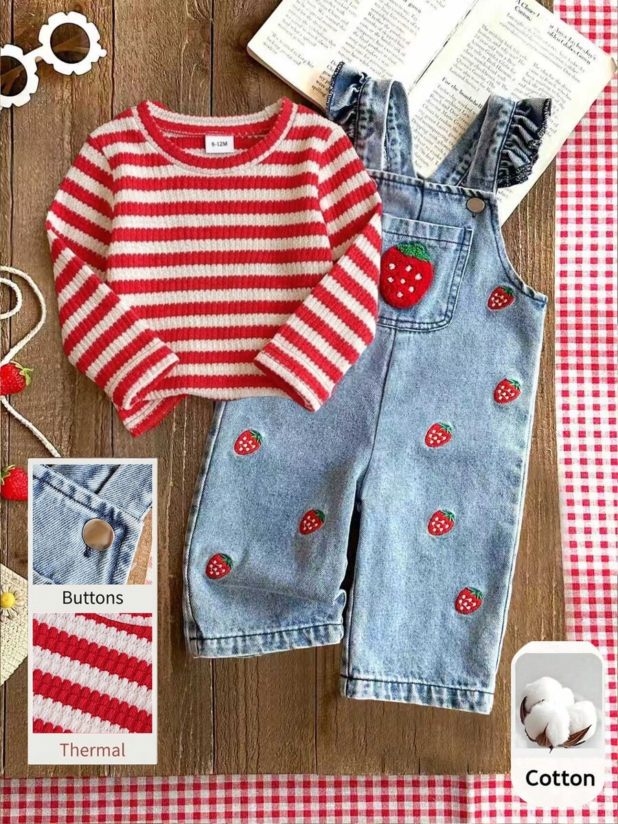 SHEIN Vintaside Kids 2件組女嬰春秋款紅、白、淺藍配色甜美俏皮風紅白條紋長袖內搭上衣,草莓刺繡荷葉邊肩帶牛仔吊帶褲套裝,寬鬆直筒褲腿,適合日常穿著、戶外玩耍、生日派對、拍照、家庭聚會 - 彩色 - 查看 1
