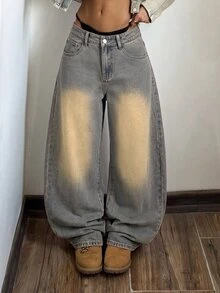 StreetHx 女款休閒百搭日常穿著牛仔寬腿褲，附口袋與鈕扣設計 - 中等水洗藍 - 查看 9
