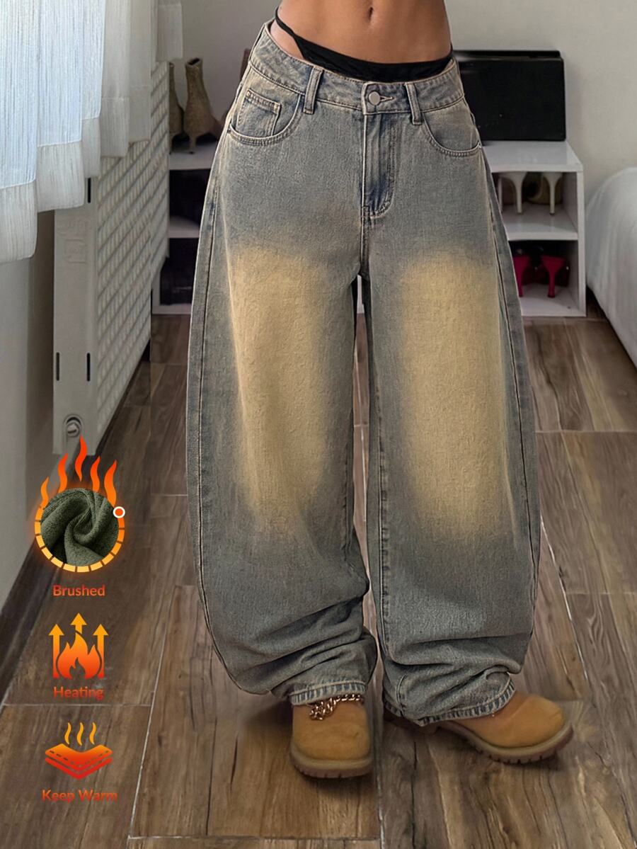 StreetHx 女款休閒百搭日常穿著牛仔寬腿褲,附口袋與鈕扣設計 - 中等水洗藍 - 查看 1