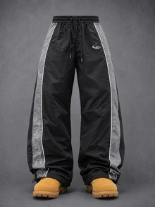 Manfinity Denimwave Men Loose Fit Track Pants Nylon Fabric Quick Dry Contrast Side Strip Letter Print Drawstring Waist Adjustable Hem Windbreaker Jogger Street Trousers - Black - View 4