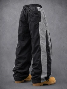 Manfinity Denimwave Men Loose Fit Track Pants Nylon Fabric Quick Dry Contrast Side Strip Letter Print Drawstring Waist Adjustable Hem Windbreaker Jogger Street Trousers - Black - View 2