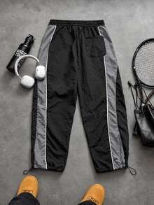 Manfinity Denimwave Men Loose Fit Track Pants Nylon Fabric Quick Dry Contrast Side Strip Letter Print Drawstring Waist Adjustable Hem Windbreaker Jogger Street Trousers - Black - View 6