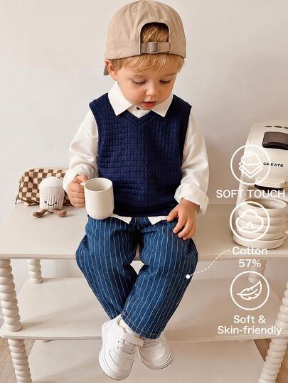 3pcs Young Boy Casual Versatile Textured Tank Top, Long Sleeve White Shirt, Casual Striped Denim Pants Set, Suitable For Autumn/Winter, Daily Wear, Sports, Outings, School, Parties, Holidays, Performances, Photography
