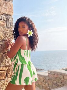 Mistrie Women's Pleated Fabric Printed Halter Neck Romper Vacation Beach Green Summer Breezy Tropical - Mint Green - View 3