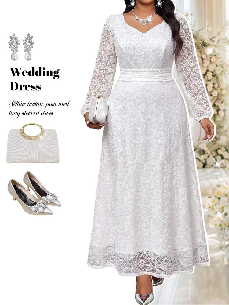 Fleurora Plus Size Elegant Party Solid Color Lace Dress Fall - White - View 6