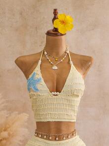 Swim Mod Spring/Summer Sun Sand 2 Pieces Cute Sweet Solid Color Textured Little Star Pearl Decor Women's Tank Top Camisole Bikini Swimwear - Yellow - View 8