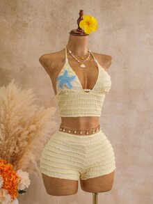 Swim Mod Spring/Summer Sun Sand 2 Pieces Cute Sweet Solid Color Textured Little Star Pearl Decor Women's Tank Top Camisole Bikini Swimwear - Yellow - View 6