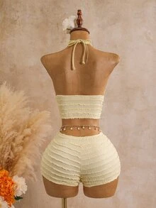 Swim Mod Spring/Summer Sun Sand 2 Pieces Cute Sweet Solid Color Textured Little Star Pearl Decor Women's Tank Top Camisole Bikini Swimwear - Yellow - View 2
