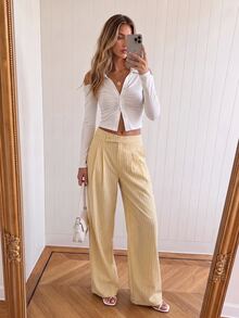 Avantive Women's High Waist Vertical Striped Wide Leg Long Pants - Apricot - View 5