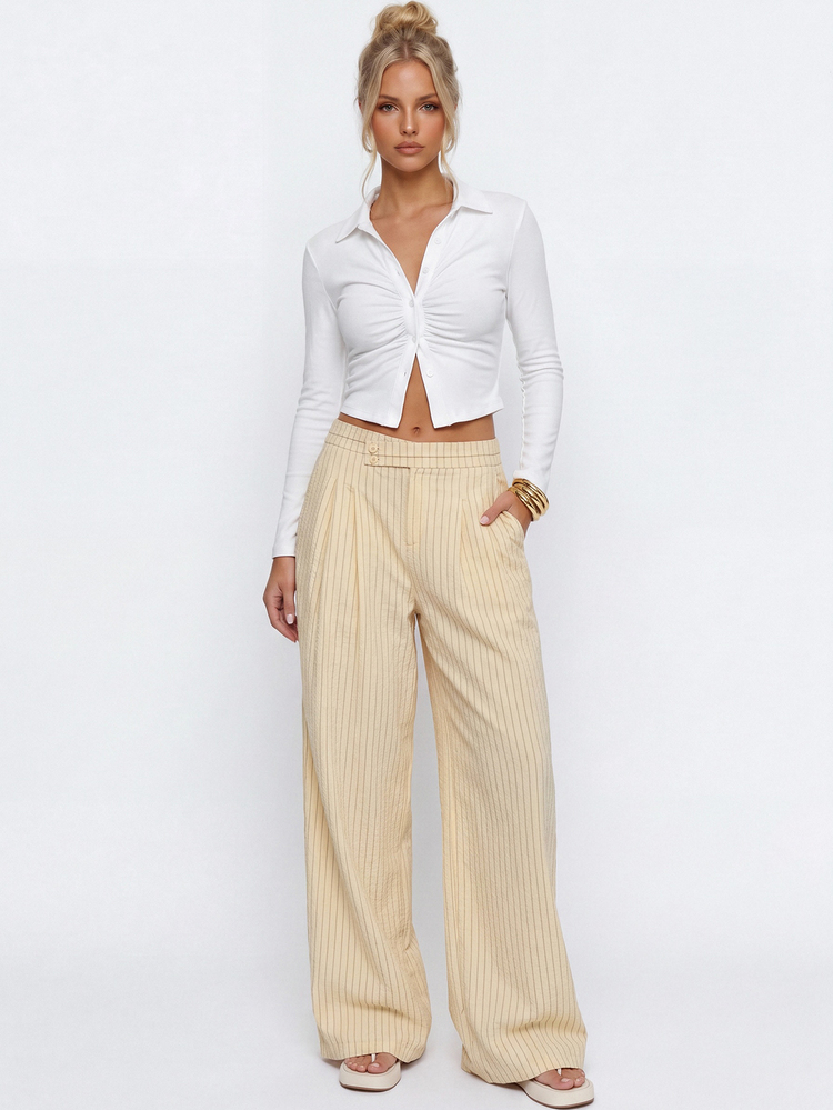 Avantive Women's High Waist Vertical Striped Wide Leg Long Pants - Apricot - View 4