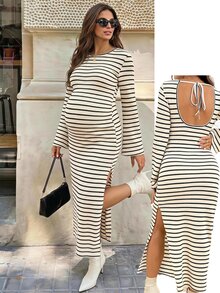 SHEIN Maternity Autumn Casual Striped Side Slit Dress Fall - White - View 2