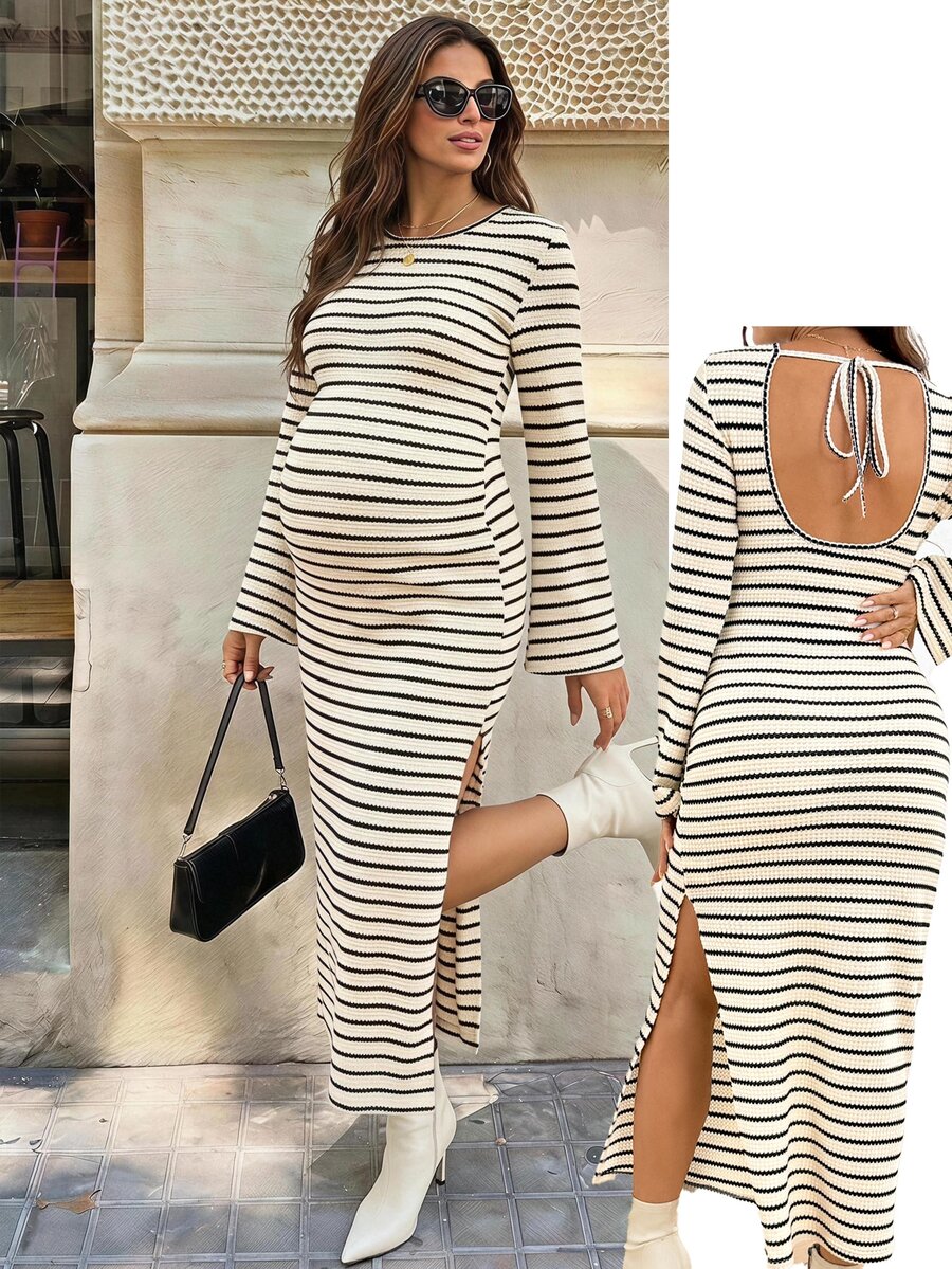 SHEIN Maternity Autumn Casual Striped Side Slit Dress Fall - White - View 1