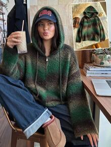 Comfortcana Plus Size Autumn/Winter Casual Gradient Hooded Cardigan - Green - View 1