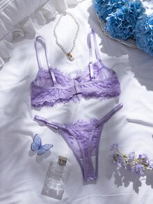 Crystal Vow 2件套玫瑰红蕾丝拼接内衣套装，成熟性感 - 淡紫色 - 查看 4