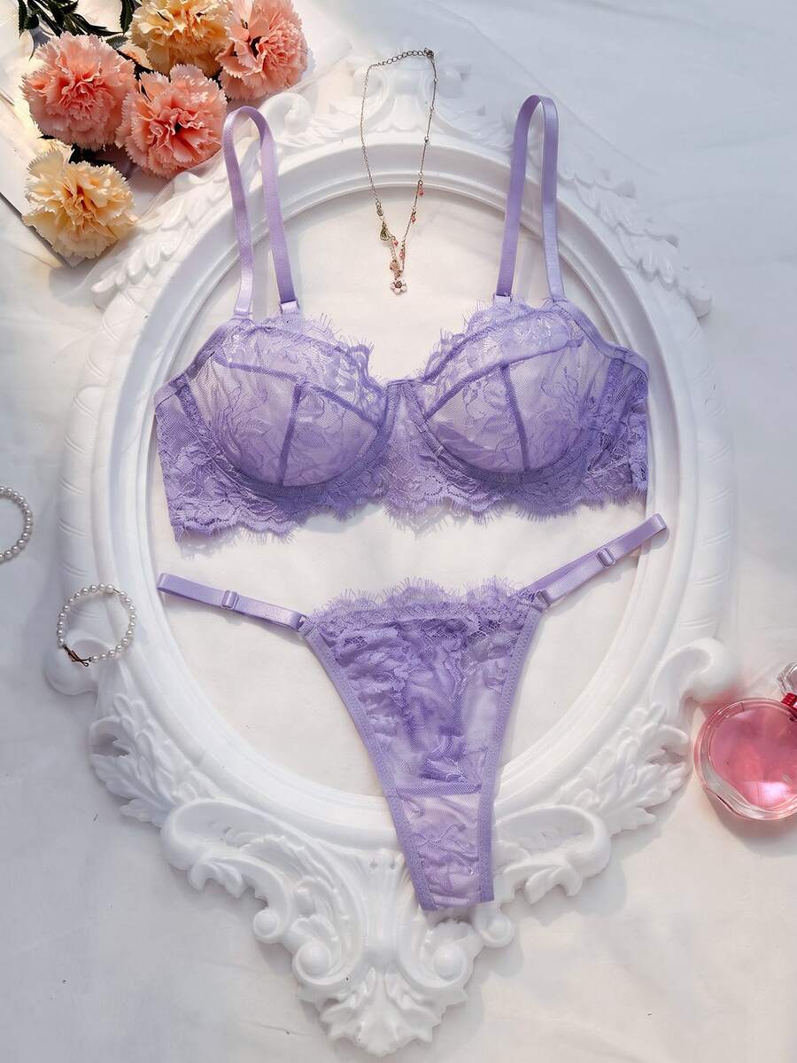 Crystal Vow 2件套玫瑰红蕾丝拼接内衣套装,成熟性感 - 淡紫色 - 查看 1