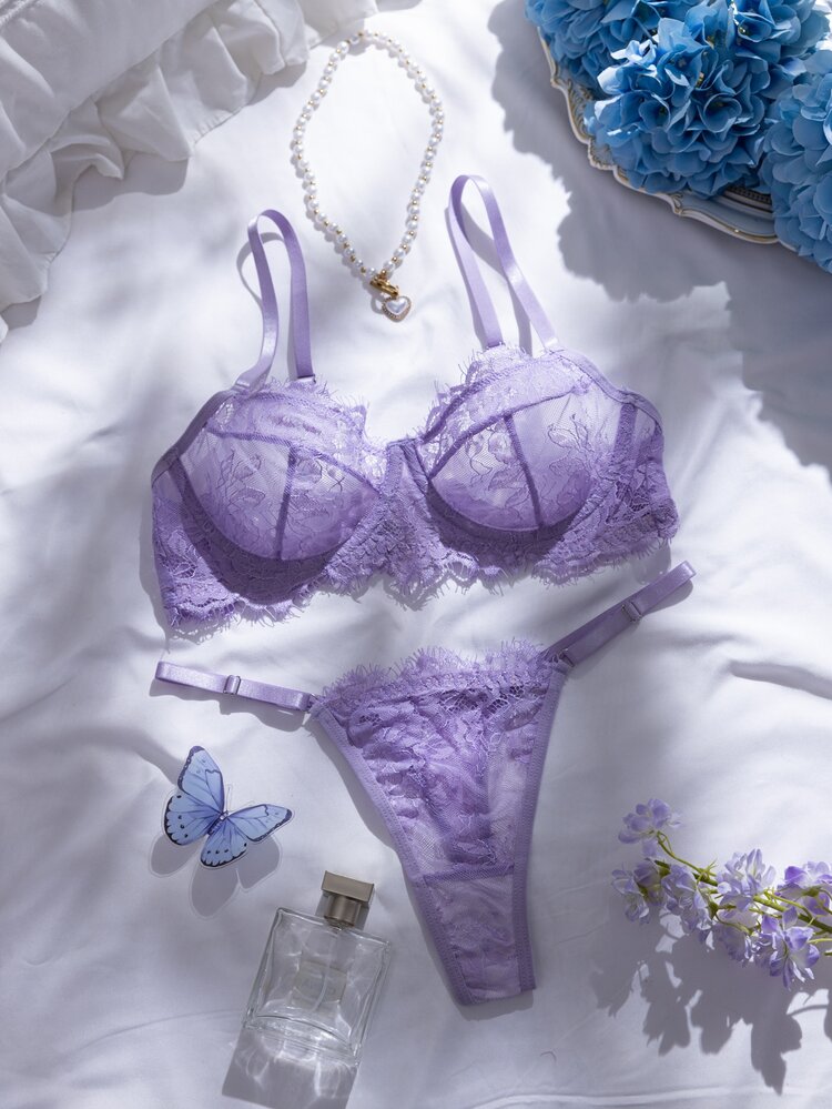 Crystal Vow 2pcs/Set Rose Red Lace Patchwork Lingerie Set, Mature & Sensual - Mauve Purple - View 6