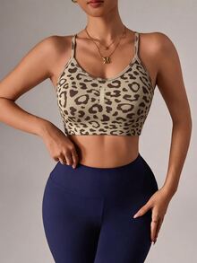 Slayform Slayform Women's Leopard Print Camisole Style Sports Bra - Apricot - View 5