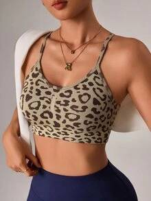 Slayform Slayform Women's Leopard Print Camisole Style Sports Bra - Apricot - View 2