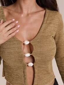 Glamine Women's Khaki V-Neck Big Shell Button Long Sleeve Cropped Knit Top,Daily Commute,Campus Outfit,Spring Autumn Vacation Night Sexy - Khaki - View 6