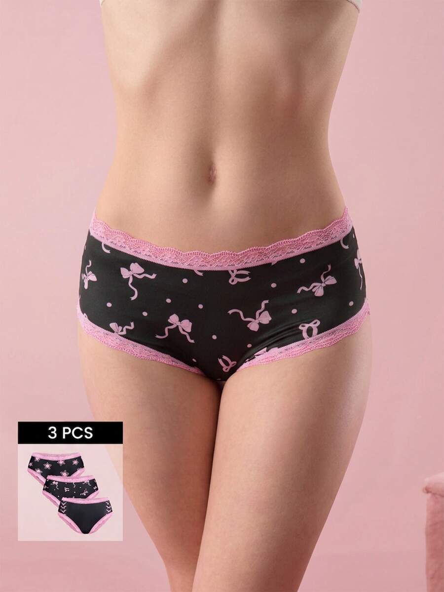 Bonmuse 3pcs Bow & Star Cute-Sweet Lace Patchwork Women Panties Set - Pink - View 1