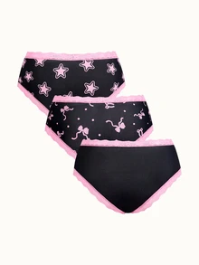 Bonmuse 3pcs Bow & Star Cute-Sweet Lace Patchwork Women Panties Set - Pink - View 3