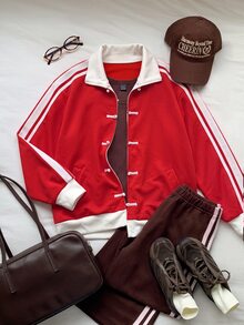 Comfortcana Women's Casual Autumn/Winter Red & White Colorblock Stand Collar Long Sleeve Jacket - Red - View 6