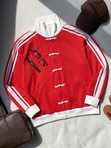 Comfortcana Women's Casual Autumn/Winter Red & White Colorblock Stand Collar Long Sleeve Jacket - Red - View 7