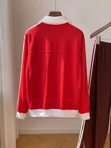 Comfortcana Women's Casual Autumn/Winter Red & White Colorblock Stand Collar Long Sleeve Jacket - Red - View 2