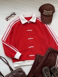 Comfortcana Women's Casual Autumn/Winter Red & White Colorblock Stand Collar Long Sleeve Jacket - Red - View 3