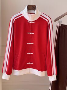 Comfortcana Women's Casual Autumn/Winter Red & White Colorblock Stand Collar Long Sleeve Jacket - Red - View 5