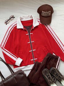 Comfortcana Women's Casual Autumn/Winter Red & White Colorblock Stand Collar Long Sleeve Jacket - Red - View 4