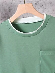 男童休閒街頭風極簡圓領長袖套頭T恤，對比色領口與下擺，低調Logo標籤，校園風鼠尾草綠，秋季 - 綠色 - 查看 6