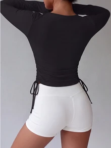 Eassivo Kaos Olahraga Lengan Panjang Seksi Slim Fit Leher V Dalam dengan Detail Kerut, Terlaris - Hitam - View 5