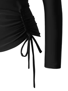 Eassivo Kaos Olahraga Lengan Panjang Seksi Slim Fit Leher V Dalam dengan Detail Kerut, Terlaris - Hitam - View 6