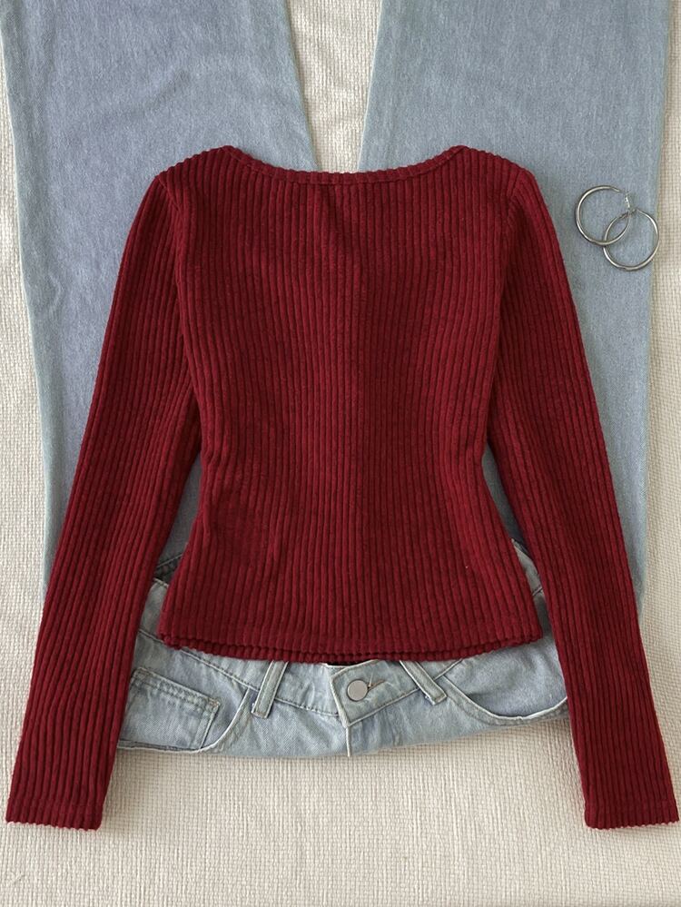 SHEIN Tween Girls Ribbed Crew Neck Elastic Slim Fit All-Match Versatile Simple Long Sleeve T-Shirt, Comfortable - Burgundy - View 5